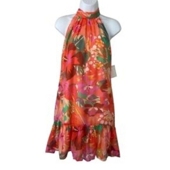 1. State Dresses & Skirts - 1. State Halter Neck Leaf Print Mini Dress Ruffle Hem Tropical XS